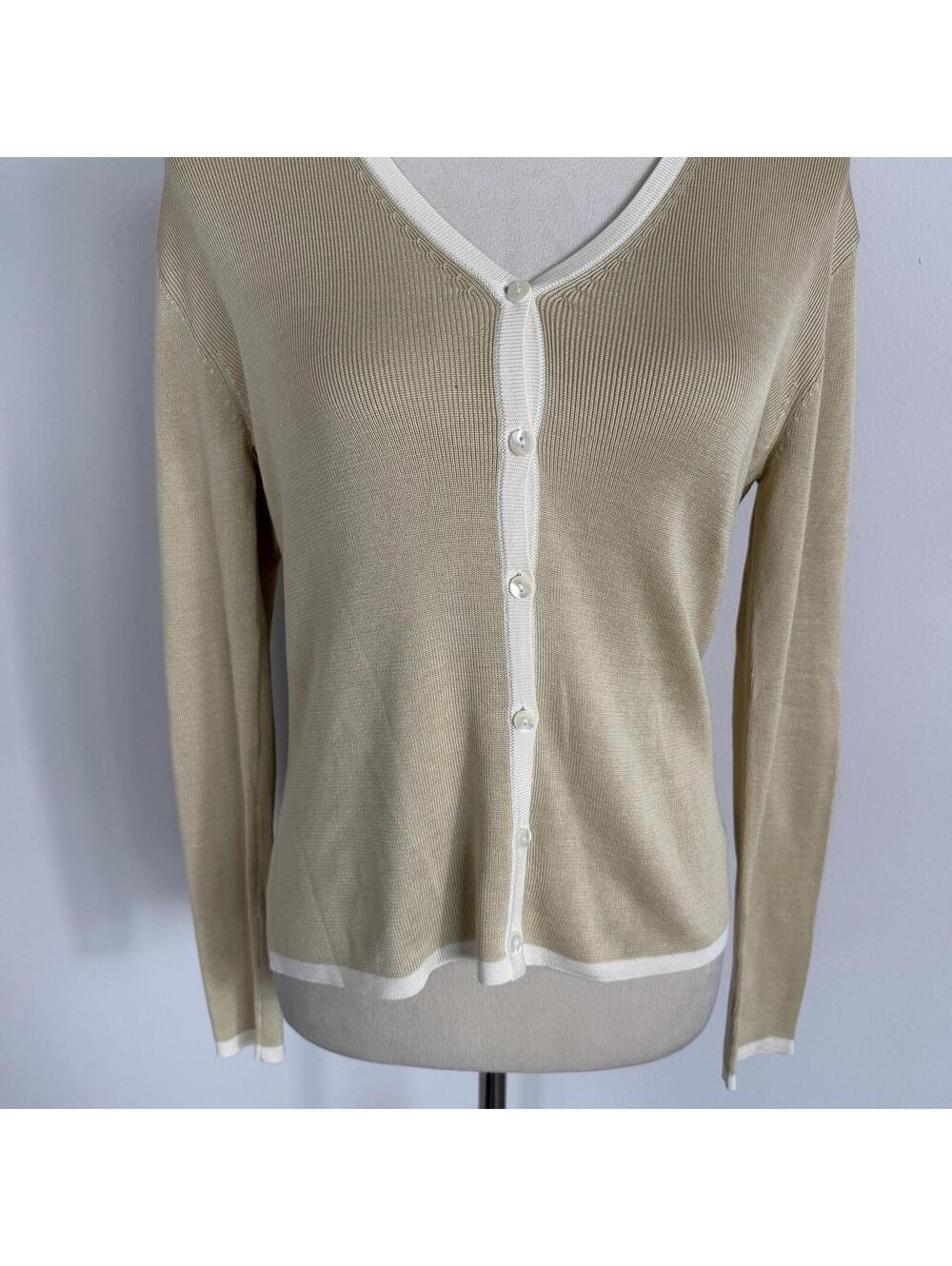 Ann Taylor Women's Sweater Silk Cardigan Casual Grandma Chic Beige Gold Medium - Picture 2 of 4